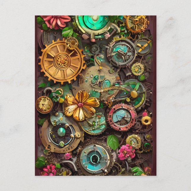 Cartão Postal Abstrato Surreal Gears Flowers Steampunk Art (Frente)