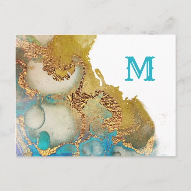 Cartão Postal Abstrato Teal Dourado Agate Monograma de Aquarela (Frente)