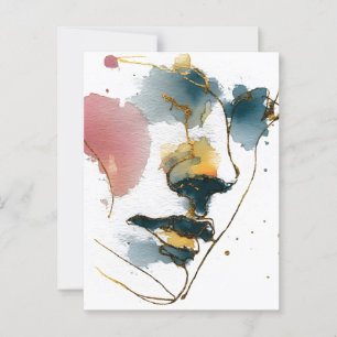 Cartão Postal Abstrato Watercolor Face com Linhas Douradas