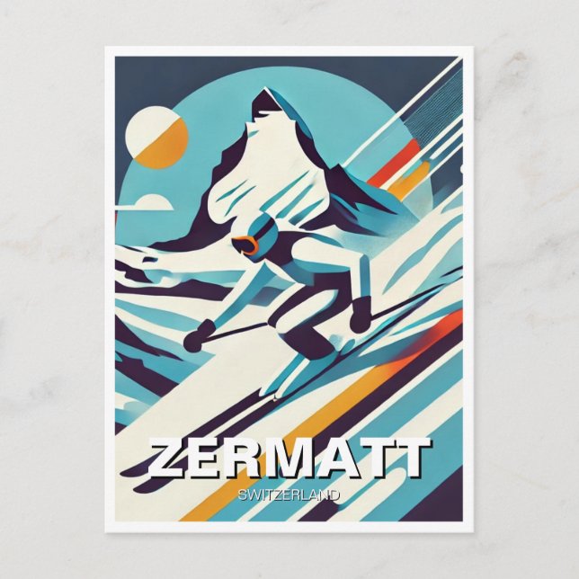 Cartão Postal Abstrato Zermatt Suiça Skier Skiing (Frente)