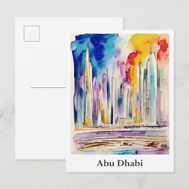 Cartão Postal Abu Dhabi Emirados Árabes Unidos Viagem de Aquarel (Frente/Verso)