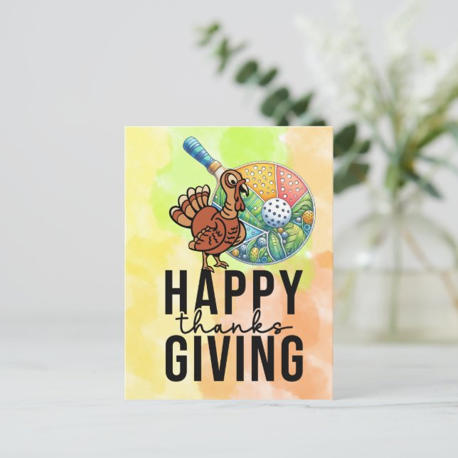 Cartão Postal Ação de Graças de Pickleball com peru e raquete (Em pé/Frente)