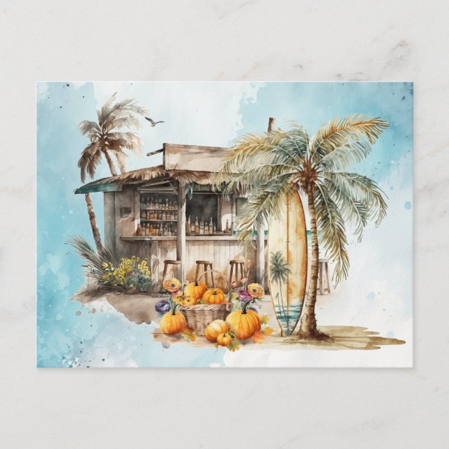 Cartão Postal Ação de Graças de Watercolor Beach (Frente)