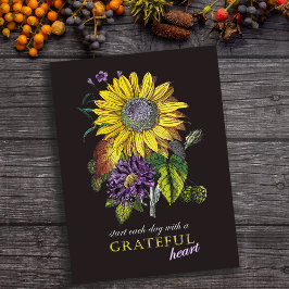 Cartão Postal Ação de Graças Grato Antigo Floral Girassol