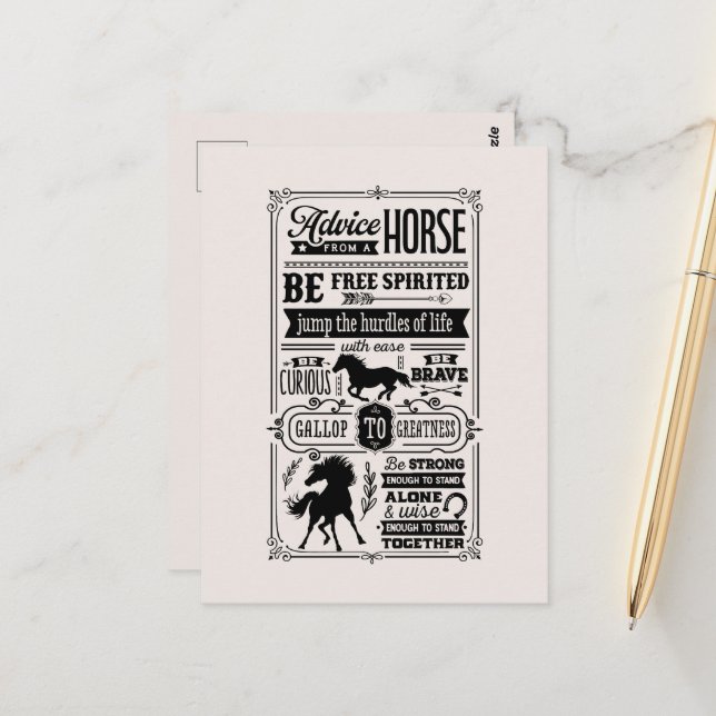 Cartão Postal Aconselhamento engraçado a cavalo, palavra arte co (Frente/Verso In Situ)