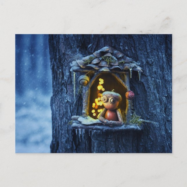 Cartão Postal Acorn elf olhando da janela do inverno (Frente)