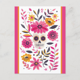 Cartão Postal Açúcar Crânio Fuchsia Flores Mexicanas Cinco de Ma