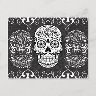 Cartão Postal Açúcar Decorativo Crânio Negro Grunge Gótico Branc