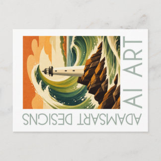 Cartão Postal Adams Art Designs Farol Onda Vintage Costeiro