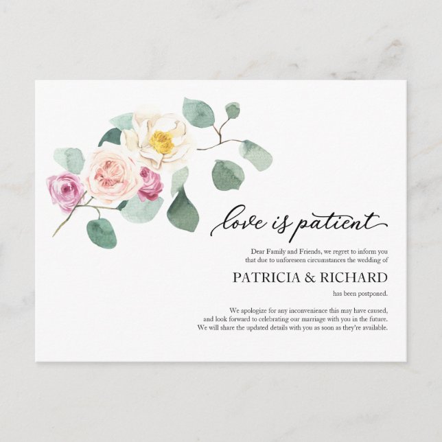 Cartão Postal Adiamento de casamento de eucalipto amor é pacient (Frente)