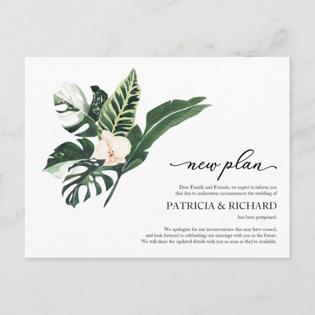 Cartão Postal Adiamento de Casamento de Novo Plano Floral Tropic (Frente)