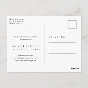 Cartão Postal Adiamento de Casamento Negro e Branco Minimalista