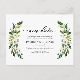 Cartão Postal Adiamento do Casamento com Nova Data Floral Verde