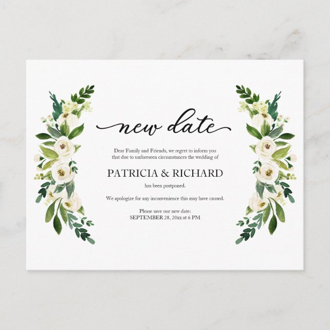 Cartão Postal Adiamento do Casamento com Nova Data Floral Verde (Frente)