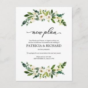 Cartão Postal Adiamento do Casamento com Novo Plano Floral Verde