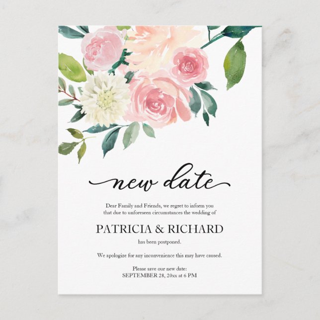 Cartão Postal Adiamento do Casamento Floral Blush Nova Data (Frente)