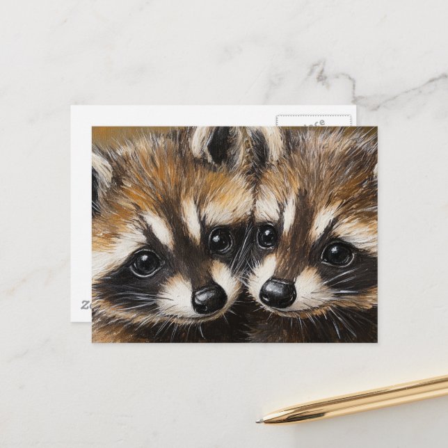 Cartão Postal Adorable Baby Raccoons Painting (Frente/Verso In Situ)