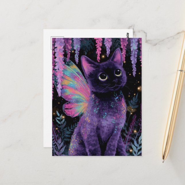 Cartão Postal Adorable Black and Purple Cat Fairy (Frente/Verso In Situ)