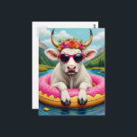 Cartão Postal Adorable Cow on a Float Trip<br><div class="desc">A cool cow enjoys a summer float trip in a inflatable sprinkled and pink glazed donut floatie fantasy AI generated art</div>