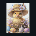Cartão Postal Adorable Duckling Straw Hat Easter Egg Flowers<br><div class="desc">Chubby yellow duckling is sitting in a nest  with a beautifully decorated Easter eggs. She is wearing her favorite straw hat. Beautiful  flowers and butterfly sit on the rim of her hat.  Personalize with your text,  greeting for Easter.</div>