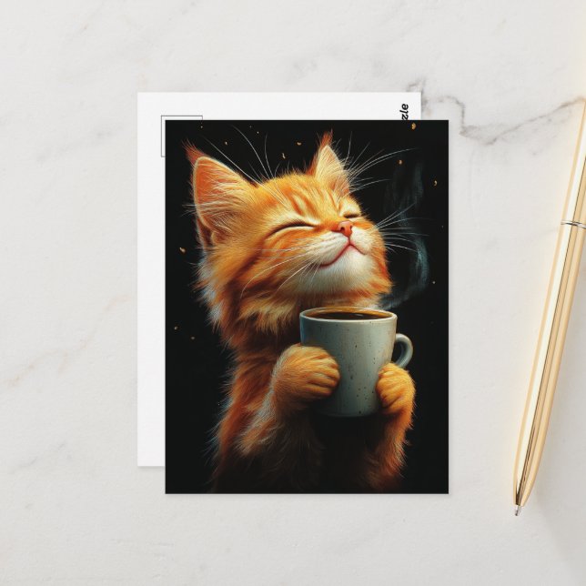 Cartão Postal Adorable Ginger Kitty With a Coffee (Frente/Verso In Situ)