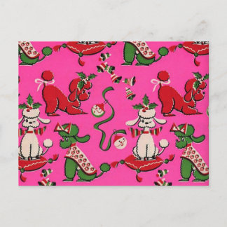 Cartão Postal Adorable Mid-century MCM holiday poodles on Pink