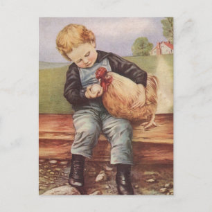 Cartão Postal Adorable Vintage Boy and Chicken