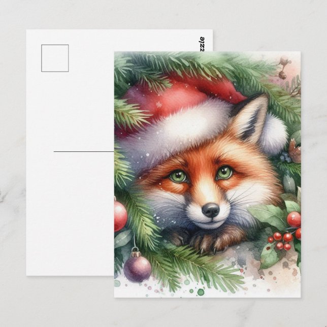 Cartão Postal Adorable Watercolor Red Fox Natal (Frente/Verso)