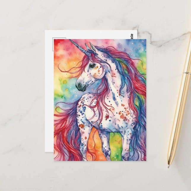 Cartão Postal Adorable Watercolor Unicorn (Frente/Verso In Situ)