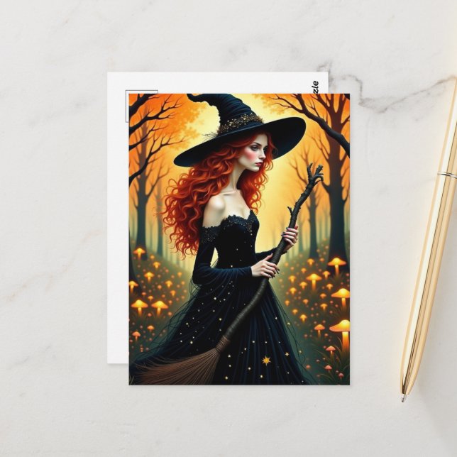 Cartão Postal Adorable Witch in Autumn Forest (Frente/Verso In Situ)