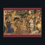 Cartão Postal Adoração do Natal medieval de Magi<br><div class="desc">A adoração do cartão postal de Natal Magi Medeival mostra que os Três Reis vêm para homenagear o nascimento de Jesus Bethlehem. A trabalho de arte é de Gentile da Fabriano, datada de 1423AD. O verso nas costas é do Evangelho de Luke, "Porque para ti é nascer este dia na...</div>