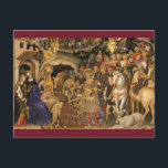 Cartão Postal Adoração do Natal medieval de Magi<br><div class="desc">A adoração do cartão postal de Natal Magi Medeival mostra que os Três Reis vêm para homenagear o nascimento de Jesus Bethlehem. A trabalho de arte é de Gentile da Fabriano, datada de 1423AD. O verso nas costas é do Evangelho de Luke, "Porque para ti é nascer este dia na...</div>