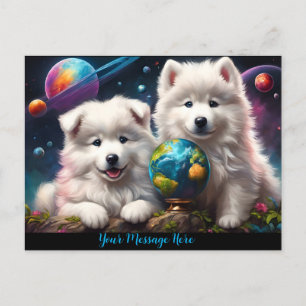 Cartão Postal Adoráveis Fofos Samoyed Puppies, Terra