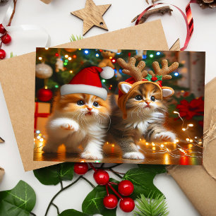 Cartão Postal Adoráveis gatinhos com Papai Noel e chapéus de ren