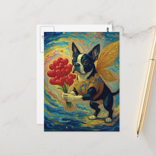 Cartão Postal Adorável Boston Terrier Com Corações (Frente/Verso In Situ)