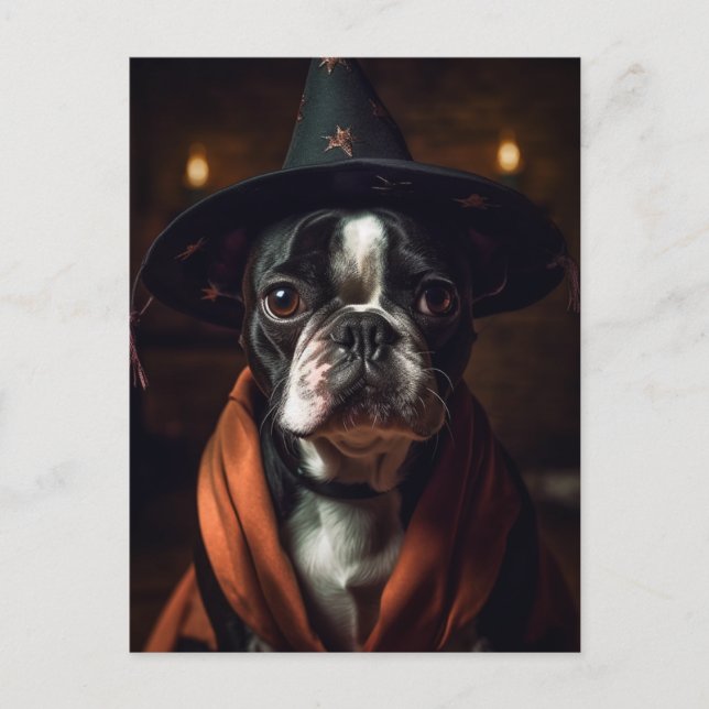 Cartão Postal Adorável Boston Terrier Halloween (Frente)
