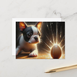 Cartão Postal Adorável Boston Terrier Puppy Broken Egg