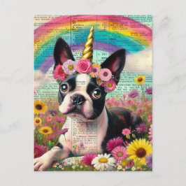 Cartão Postal Adorável Boston Terrier Unicorn Puppy Selvagens
