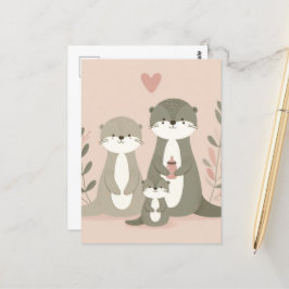Cartão Postal Adorável Caramba Mãe Pai e Bebê Rosa