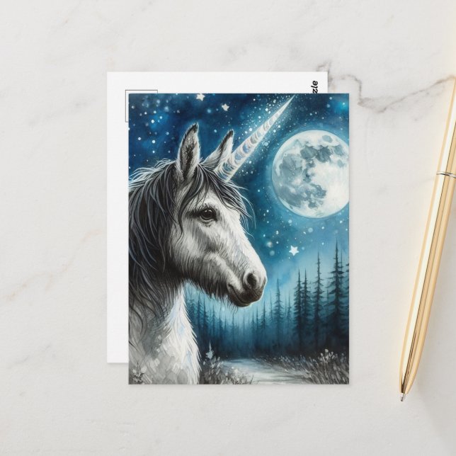Cartão Postal Adorável Donkey Unicorn com Lua (Frente/Verso In Situ)