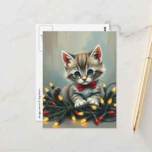 Cartão Postal Adorável e Fofo Gatinho de Natal Com Luzes
