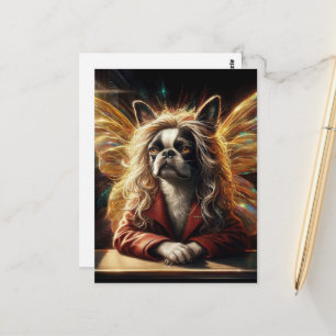 Cartão Postal Adorável Fada Boston Terrier com Jaqueta Vermelha