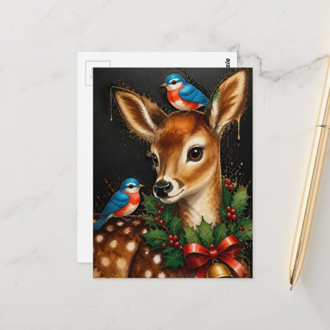 Cartão Postal Adorável Fawn de Natal Retrô (Frente/Verso In Situ)