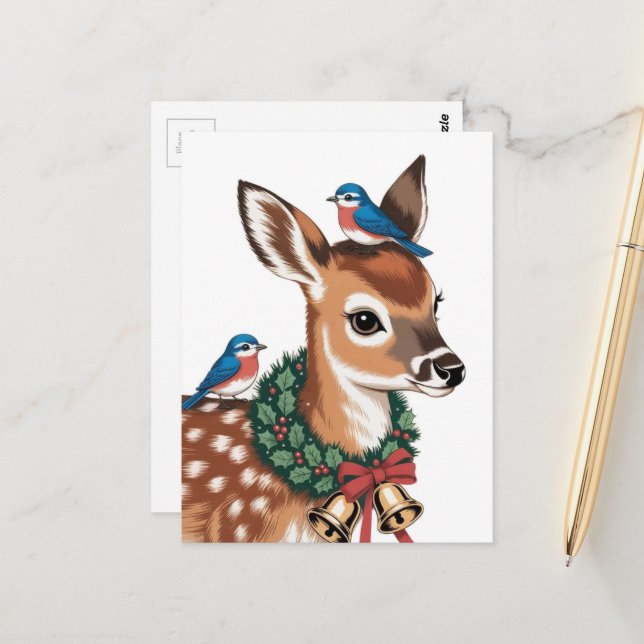 Cartão Postal Adorável Fawn de Natal Retrô (Frente/Verso In Situ)