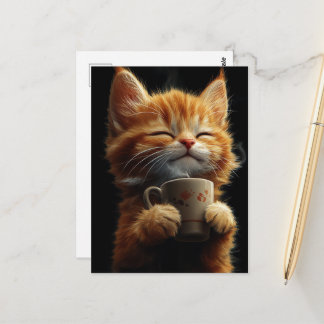 Cartão Postal Adorável Gatinho Ruivo Com um Café