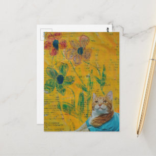 Cartão Postal Adorável gatinho ruivo e colagem de flores