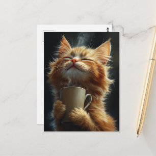 Cartão Postal Adorável Gatinho Ruivo Feliz Com um Café