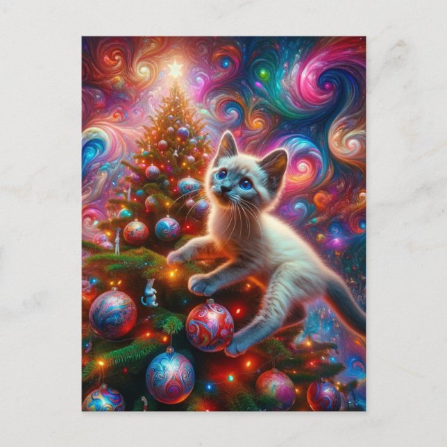 Cartão Postal Adorável Gatinho Siames Surreal de Natal (Frente)
