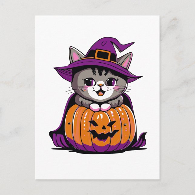 Cartão Postal Adorável Gato de Halloween (Frente)