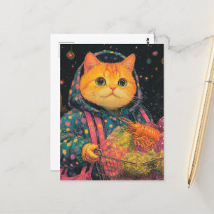 Cartão Postal Adorável Grocería de Gato Comprando na Jaqueta de 